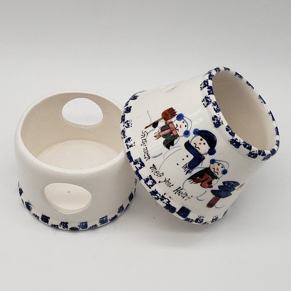 Snowmen Melt Your Heart Vntg Ceramic Blue White Snowmen Tealight Candle Holder - Picture 5 of 10